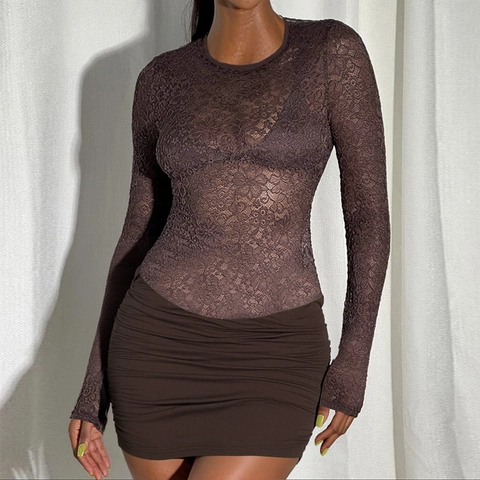 Vestido Mini Ajustado De Encaje Manga Larga Cuello Redondo Fruncido Slim Polyester Spandex Elegante Marrón Mujer