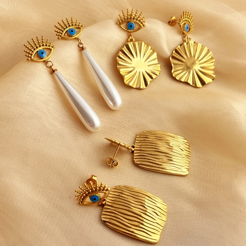 Orecchini Pendenti Occhio del Diavolo Acciaio Inossidabile Perla Artificiale Vintage Placcati Oro Geometrici per Donna Gioielli