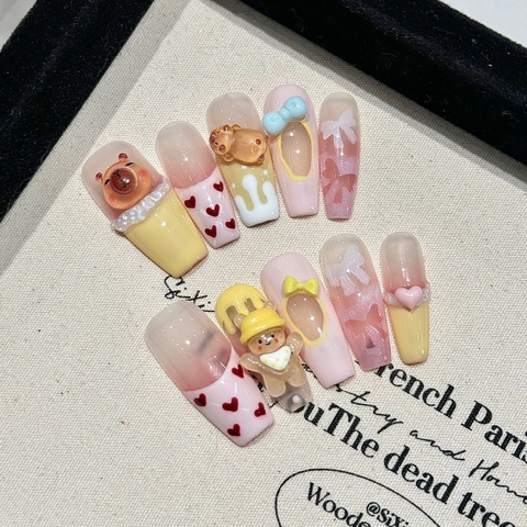 Faux Ongles À Presser Faits Main Long Cercueil 3D Ours Nœud Cœur Style Français Doux Décoratifs Pour Femmes