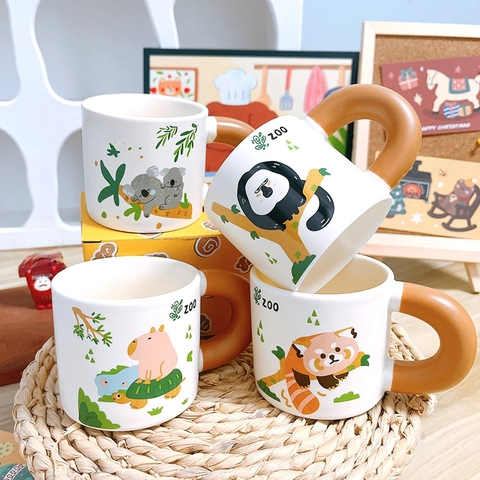 Ceramic Mug Cartoon Animal Zoo Theme Underglaze Color Thick Handle Cute Coffee Cup For Home Office Gift Novelty