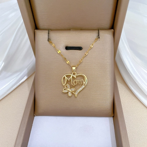 Heart Mom Butterfly Pendant Necklace Stainless Steel Copper Zirconia Elegant Mother Gift Jewelry For Women