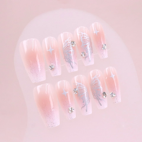 Uñas Postizas Ataúd Mariposa Degradado Rosa Diamantes Estrella Brillo Elegante Centelleante Brillante Consejos Manicura