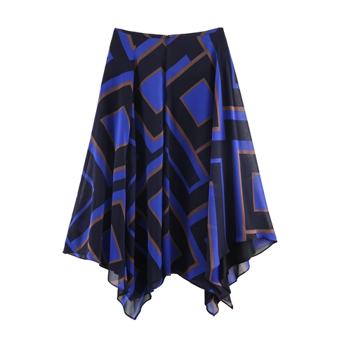 Damen Midi Rock Geometrischer Druck Asymmetrischer Taschentuchsaum Hohe Taille Chiffon Streetwear Mode