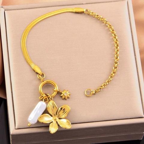 European American Stainless Steel DIY Bracelet Heart Flower Detachable Pendant Gold Chain Bracelet Artificial Pearl Rhinestone Jewelry For Women
