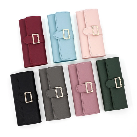 Women Long Wallet PU Leather Lychee Grain Gold Buckle Large Capacity Multiple Card Slots Clutch Purse Simple Stylish