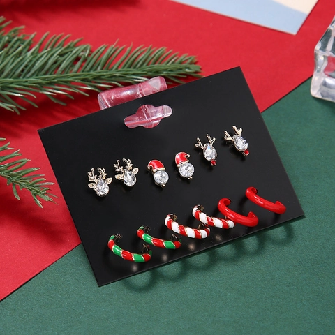Juego de Pendientes de Navidad Reno Gorro de Navidad Bastón de Caramelo Pendientes de Aro en Forma de C Aleación Esmalte Strass Joyería Mujer