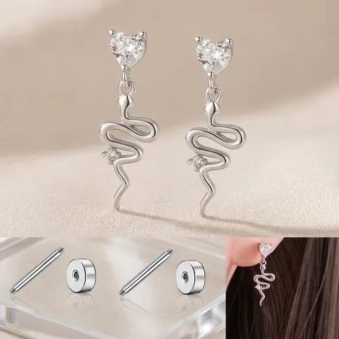 Stainless Steel Snake Pendant Earrings Heart Zircon Screw Back Stud Piercing Jewelry Silver Tone For Women Animal Style