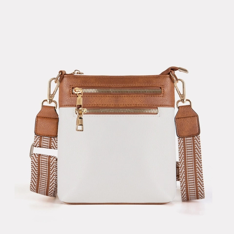 Women Crossbody Bag PU Leather Retro Color Block Dual Zipper Small Square Purse With Detachable Wide Jacquard Strap