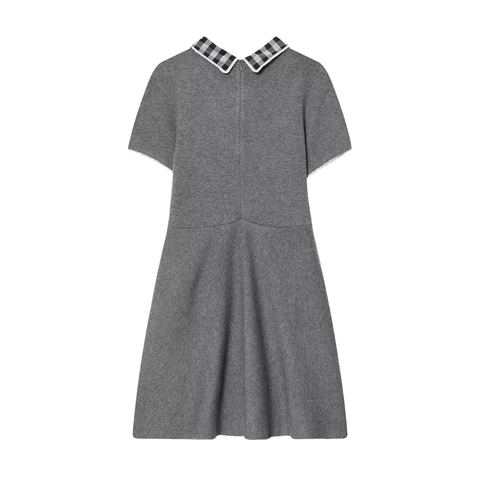 Strick Mini Kleid Peter Pan Kragen Karierter Ausschnitt Kurzarm A-Linie Elegant Grau Polyester
