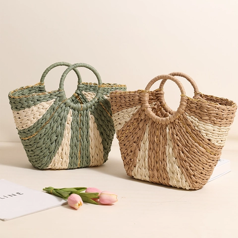 Women Woven Straw Tote Bag Round Handle Large Capacity Summer Beach Vacation Handbag With Gold Satin Thread