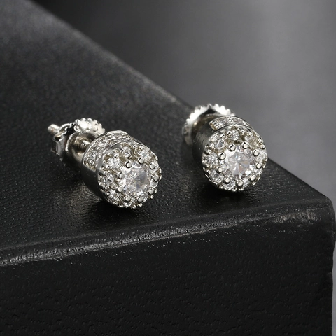 Hip Hop Iced Out Zirconia Round Stud Earrings For Men Women Copper Gold Silver Plated Screw Back Earrings Fashion Jewelry