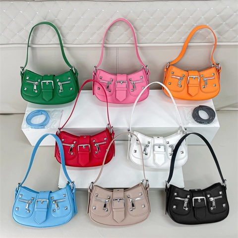 Women Motorcycle Shoulder Bag PU Leather Rivet Buckle Y2K Punk Rock Style Crescent Hobo Handbag Streetwear