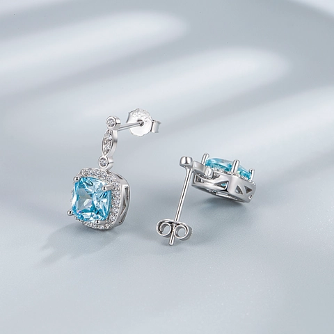 925 Sterling Silver Sea Blue Cushion Cut Rhinestone Stud Earrings For Women Halo Design Four Prong Geometric Ear Jewelry Gift