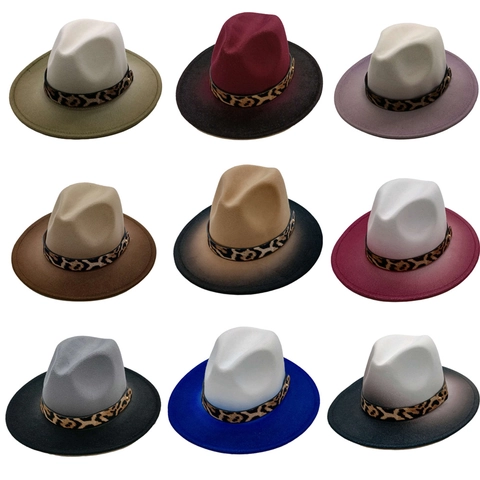 Vintage British Style Gradient Cotton Blend Fedora Hat For Women Men Leopard Print Band Wide Brim Jazz Cap Sun Protection Party Accessory