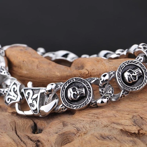Pulsera De Calavera Plata Retro Acero Inoxidable Gótico Punk Hip Hop Joyería Para Hombres Cadena Resistente Accesorio Biker