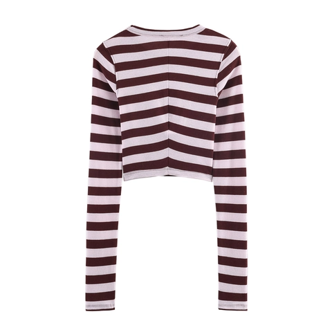 Top Corto A Righe In Maglia Da Donna Manica Lunga Girocollo Slim Fit Poliestere Rosa Marrone
