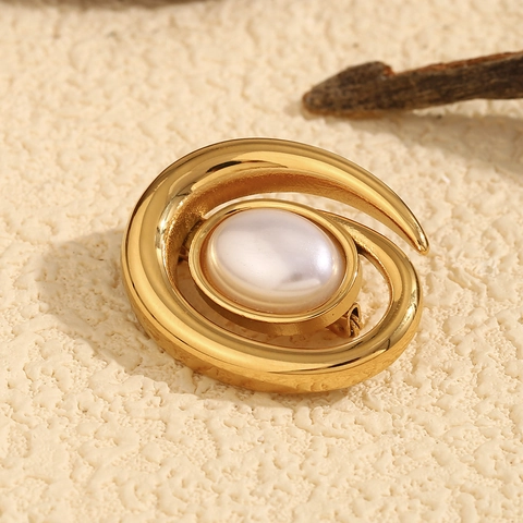 Spilla Ovale A Spirale Vintage Acciaio Inossidabile Placcato Oro 18K Con Perla Artificial Di Conchiglia Gioiello Minimalista