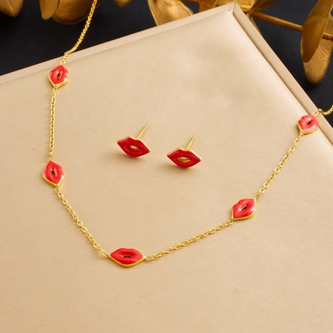Rode Lippen Ketting En Oorbellen Roestvrij Staal Verguld Emaille Sexy Mode-sieraden Voor Dames