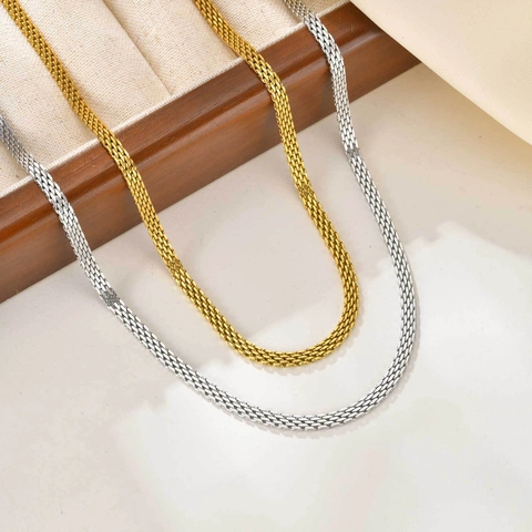 Collar de Malla de Acero Inoxidable para Mujer Gargantilla de Cadena Trenzada Plana Minimalista Joyería Chapada en Oro Plata Regalo