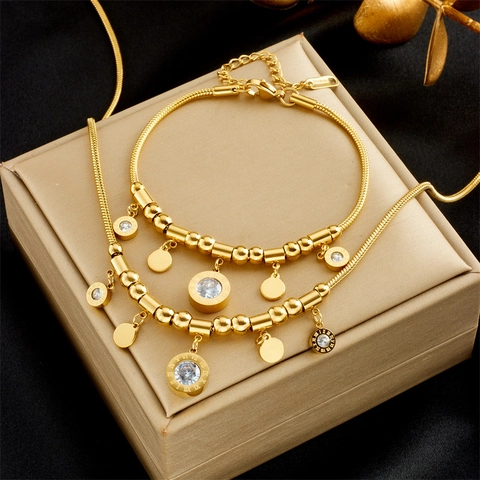 Luxury Titanium Steel Gold Necklace Bracelet Jewelry Roman Numerals Circle Pendant Rhinestone Zirconia For Women Jewelry Gift