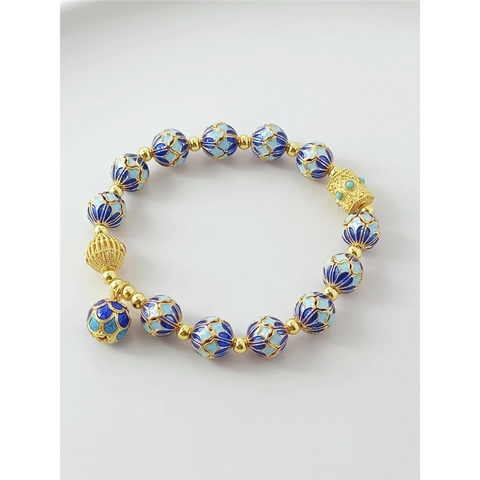 Cloisonne Enamel Spacer Beads 14K Gold Plated Blue Floral Loose Beads For DIY Bracelet Jewelry Making Traditional Hollow Charms