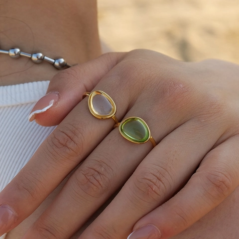 Verstellbare Offene Ringe 18K Vergoldeter Edelstahl Harz Unregelmäßiger Ovaler Edelstein Gelee-Gefühl Minimalistisch Frisch Frauen