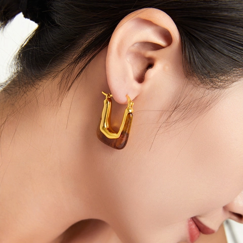 Vintage Maillard Stijl U-Vormige Koperen Oorbellen Voor Dames Eenvoudig Ontwerp Schildpad Harz Creolen Mode Sieraden