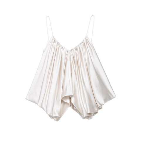 Women's Elegant Satin Pleated Spaghetti Strap Tank Top V Neck Backless Bubble Hem Loose Camisole Summer Fashion Solid Color Top