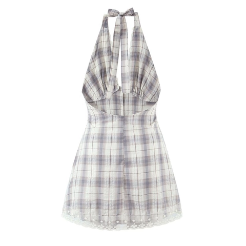Robe Courte À Carreaux Dos Nu Col En V Bordure En Dentelle Bouton Avant Coupe Ajustée Style Lolita Sexy Pour Femmes