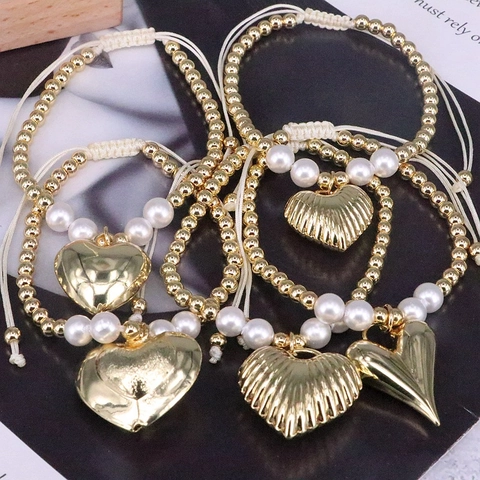 Retro Künstliche Perlenarmband Herzanhänger 18K Vergoldetes Kupfer Muschelperle Verstellbar Handgewebt Für Frauen