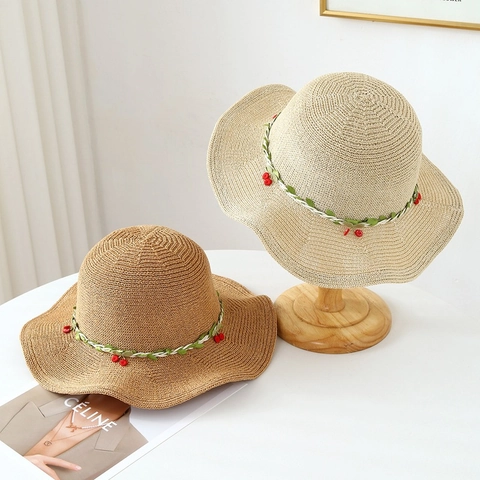 Chapeau De Paille Femme Papier Tressé Large Bord Ondulé Décor Cerise Été Plage Protection UV Style Doux