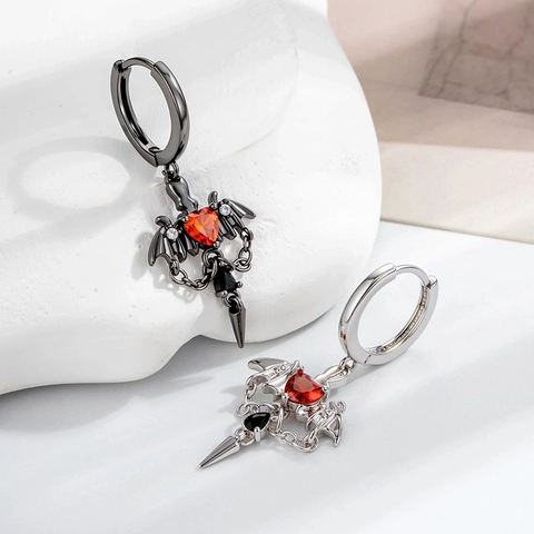 Orecchini A Cerchio Con Ali Di Pipistrello Gotico Con Zircone A Cuore Rosso Pendente Pugnale Catena Gioielli In Rame Per Donna