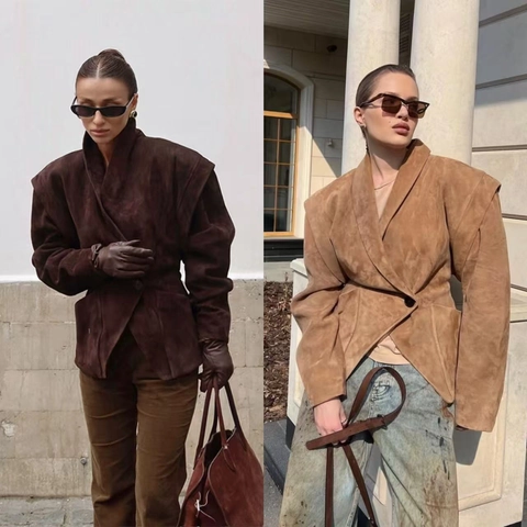 Damen Kurzjacke Aus Wildlederimitat Mit Revers Und Knopfverschluss Chic Minimalist Biker Style Vintage