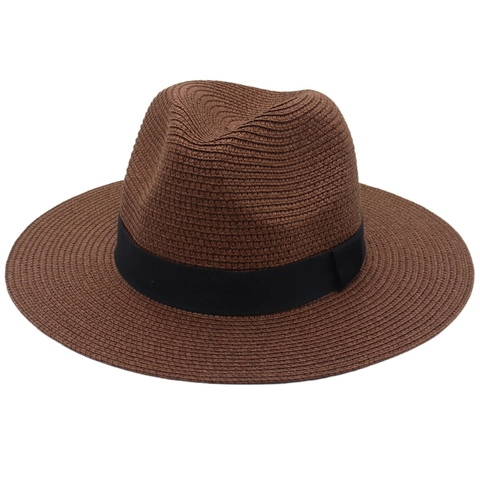 Chapeau De Paille Fedora Panama Protection Solaire Respirant Plage Été Style Jazz Large Bord Avec Ruban Noir
