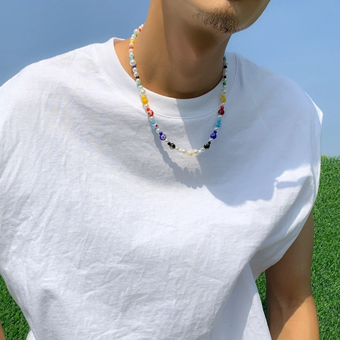 Colorful Flower Lampwork Beaded Necklace With Imitation Artificial Pearl Simple Niche Hip Hop Choker For Women Men
