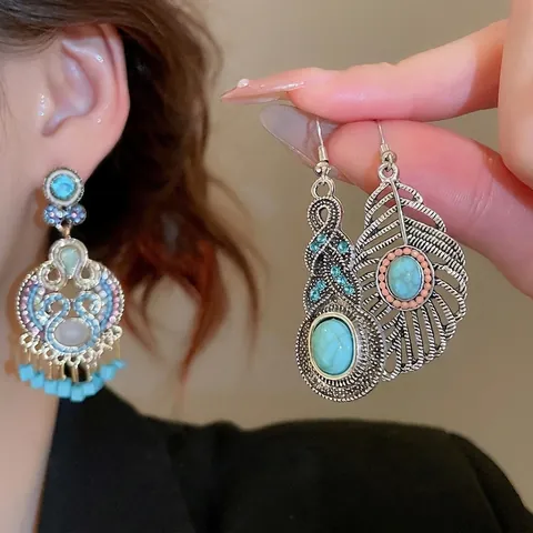 Vintage Böhmische Ethnische Hohle Blatt Türkis Hängeohrringe Mit 925 Sterling Silber Ohrstecker Retro Schmuck Für Frauen