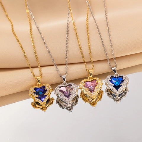 Collana Con Pendente A Cuore Acciaio Inossidabile Micro Pave Cristallo Colorato Elegante Dolce Accessorio Per Donna