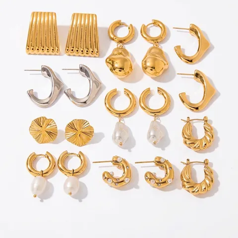 Stainless Steel Hoop And Stud Earrings Artificial Pearl Rhinestone Waterproof Hypoallergenic Geometric Jewelry For Women Luxury