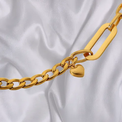 Pulsera Con Colgante De Corazón De Acero Inoxidable Para Mujer Chapada En Oro De 18K Cadena Cubana Con Cierre T