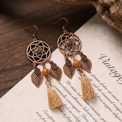 Bohemian Ethnic Vintage Tassel Drop Earrings For Women Flower Heart Rhinestone Alloy With Silver Earring Post