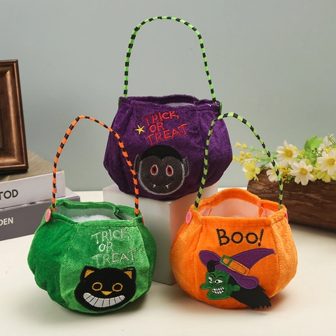 Halloween Candy Bag Plush Velvet Embroidery Pumpkin Ghost Witch Tote Trick Or Treat Party Favor Gift Bucket For Kids