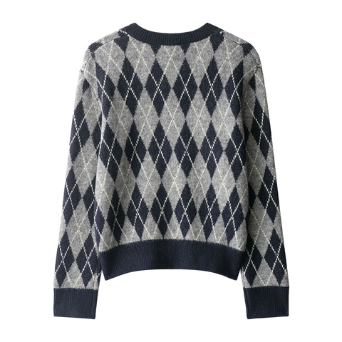 Suéter Argyle Mujer Cuello En V Manga Larga Punto Poliéster Vintage Estilo Preppy Casual Cálido Suave Jumper Tops