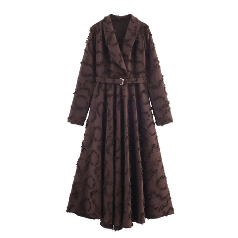 Abito Lungo Donna Jacquard Con Frange Colletto Blazer Maniche Lunghe Vita Alta Con Cintura Elegante Marrone
