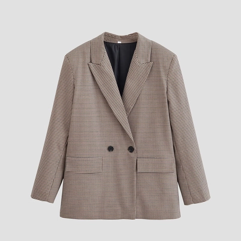 Dames Houndstooth Blazer Double Breasted Revers Polyester Jas Retro Britse Stijl Lange Mouwen Bovenkleding