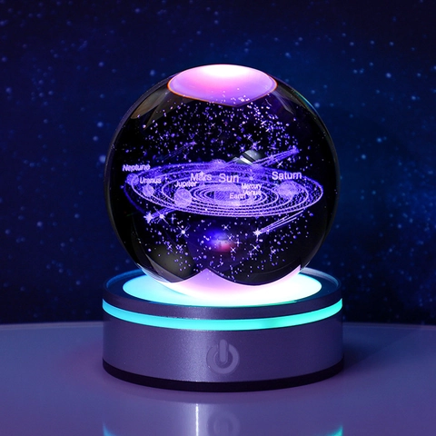 3D Laser Engraved Crystal Ball Night Light With LED Base Solar System Galaxy Sphere Decorative Desk Ornament Gift