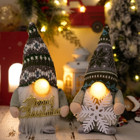 Weihnachtsgnom Puppe Leuchtende Nase LED Rudolph Tomte Ornament Mit Merry Christmas Schild Gestrickter Hut Tischdeko