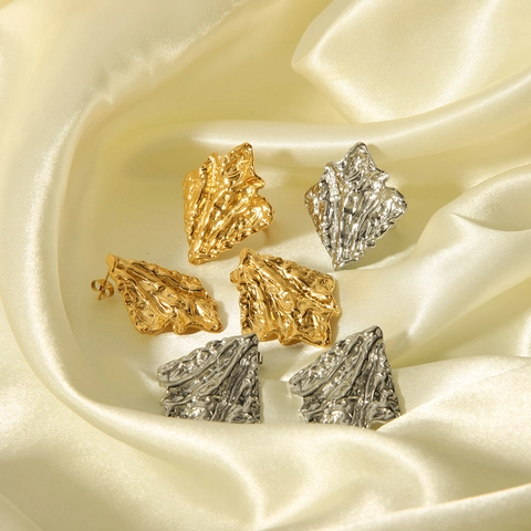 Vintage Stainless Steel Wrinkled Stud Earrings Gold Plated Geometric Ear Drops Irregular Open Ring For Women Jewelry