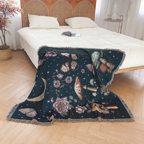 Mushroom Moon Woven Throw Blanket Fringed Cotton Blend Bohemian Retro Forest Sofa Cover Camping Picnic Decorative Tapestry