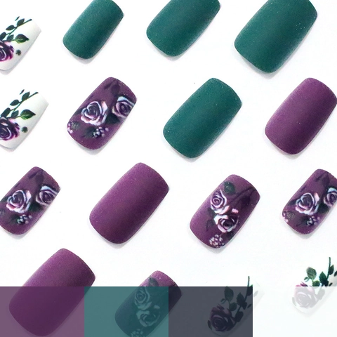 Unghie Finte Quadrate Opache A Pressione Motivo Rosa Elegante Viola Bianco ABS Per Donne