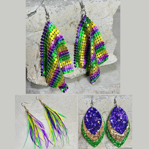 Orecchini Pendenti Mardi Gras Per Donna Pelle Scintillante Maglia Metallica E Piume Di Struzzo Accessori Festa